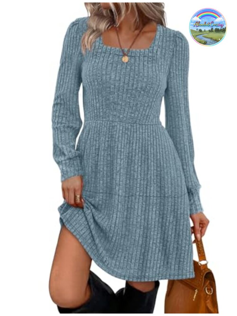Square Neck Long Sleeve Babydoll Sweater Dress Casual A-Line